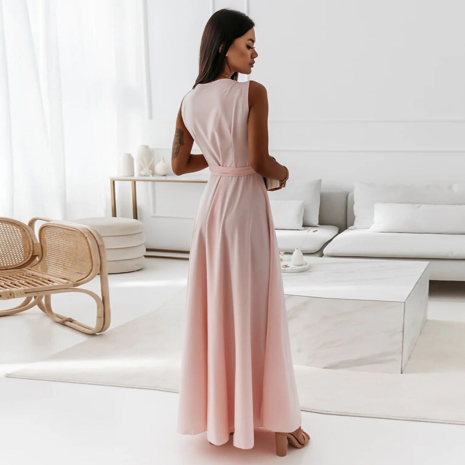 V-neck Sleeveless Dress With Belt Summer Fashion For Women