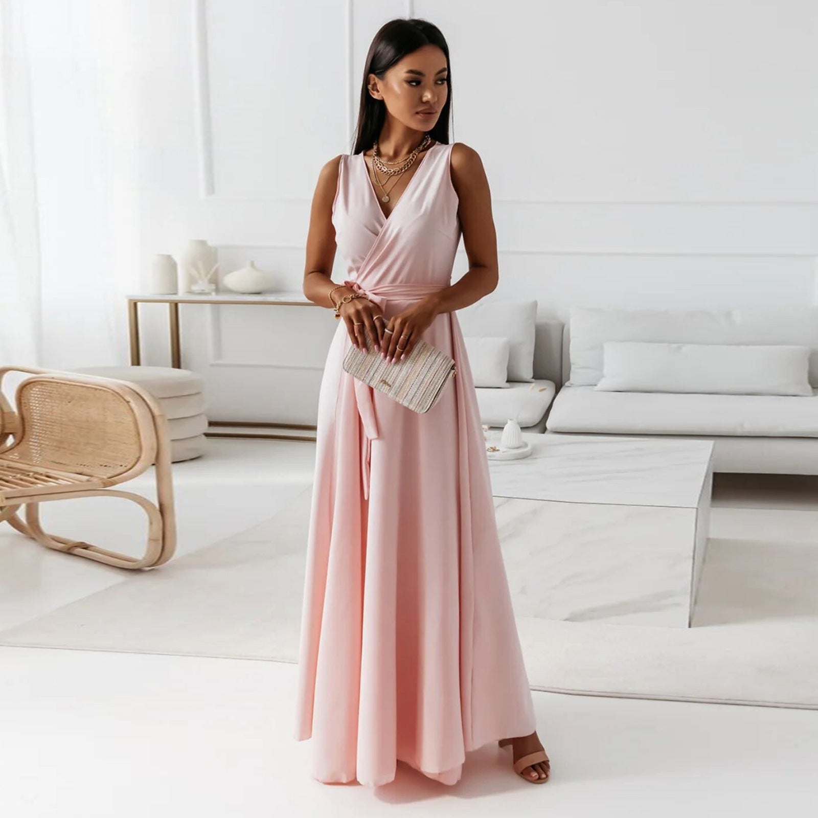 V-neck Sleeveless Dress With Belt Summer Fashion For Women