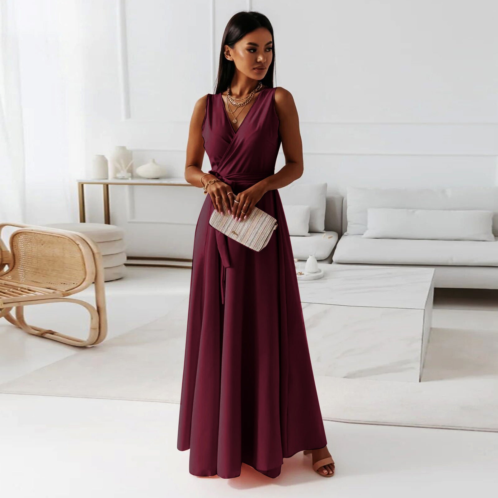 V-neck Sleeveless Dress With Belt Summer Fashion For Women