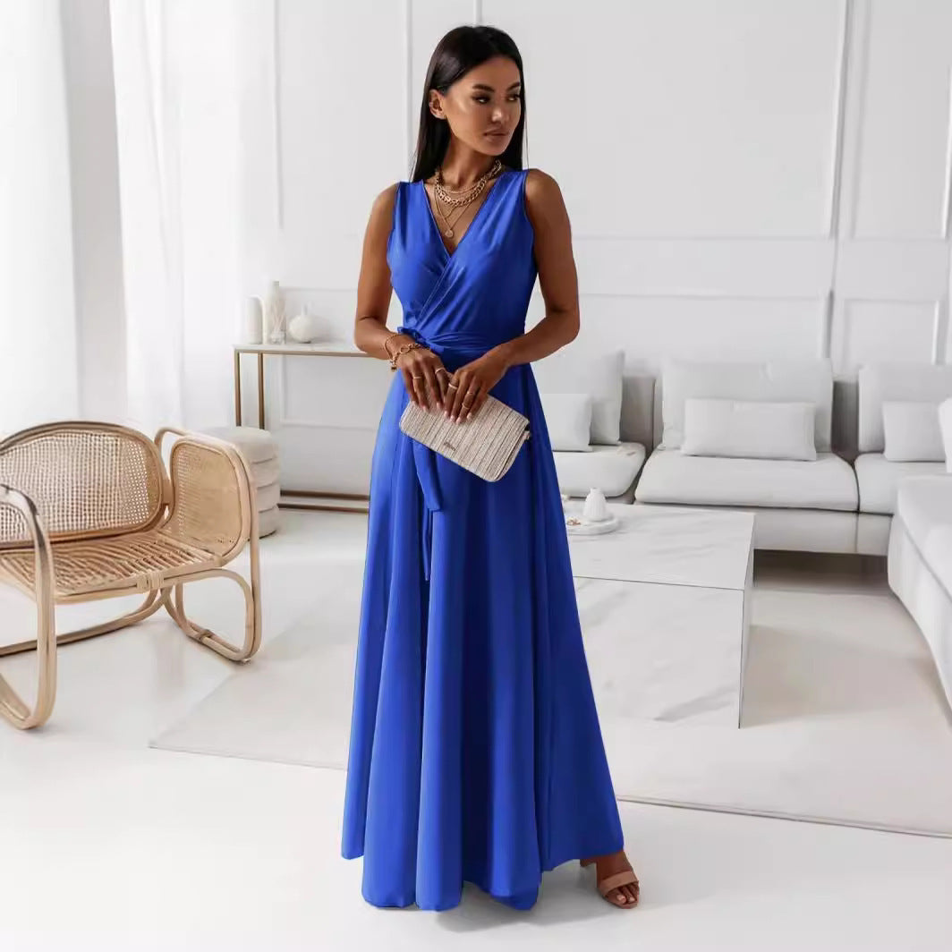 V-neck Sleeveless Dress With Belt Summer Fashion For Women