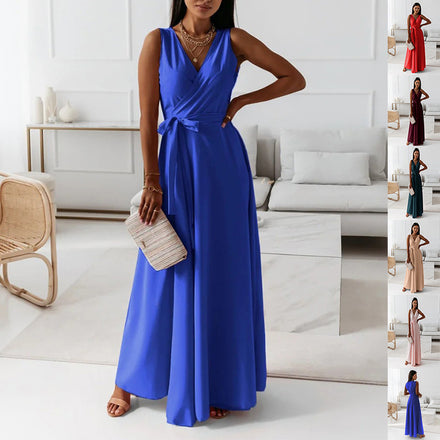 V-neck Sleeveless Dress With Belt Summer Fashion For Women
