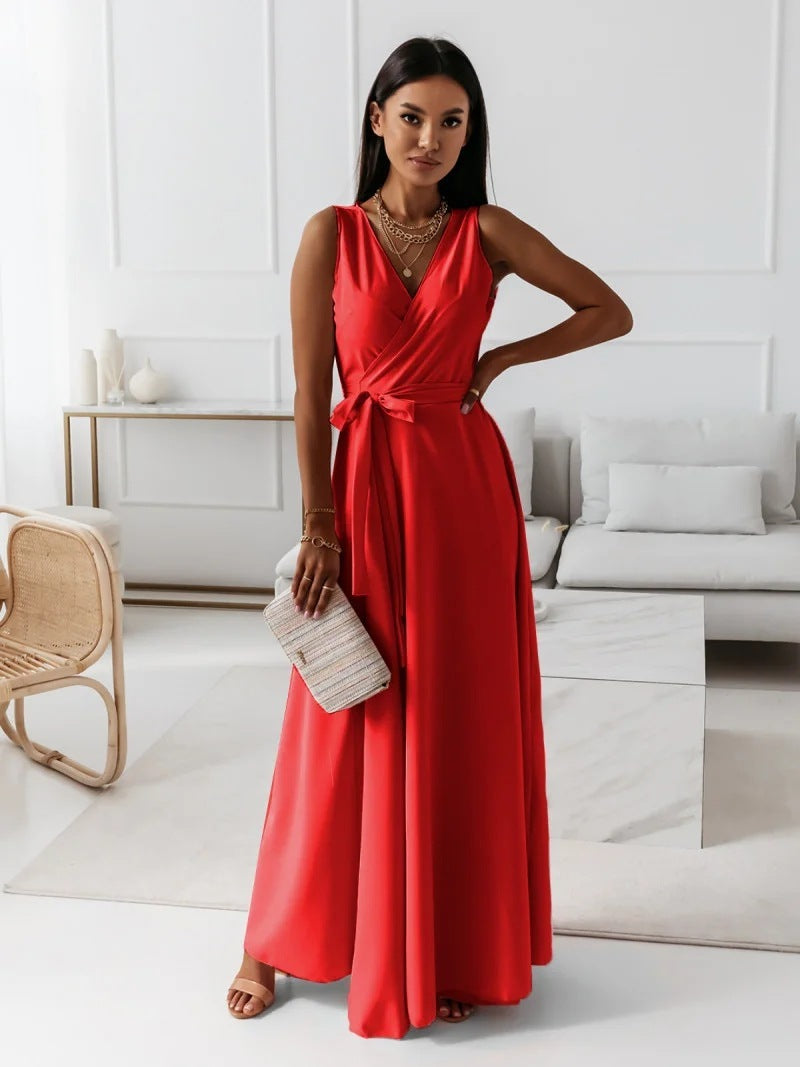 V-neck Sleeveless Dress With Belt Summer Fashion For Women
