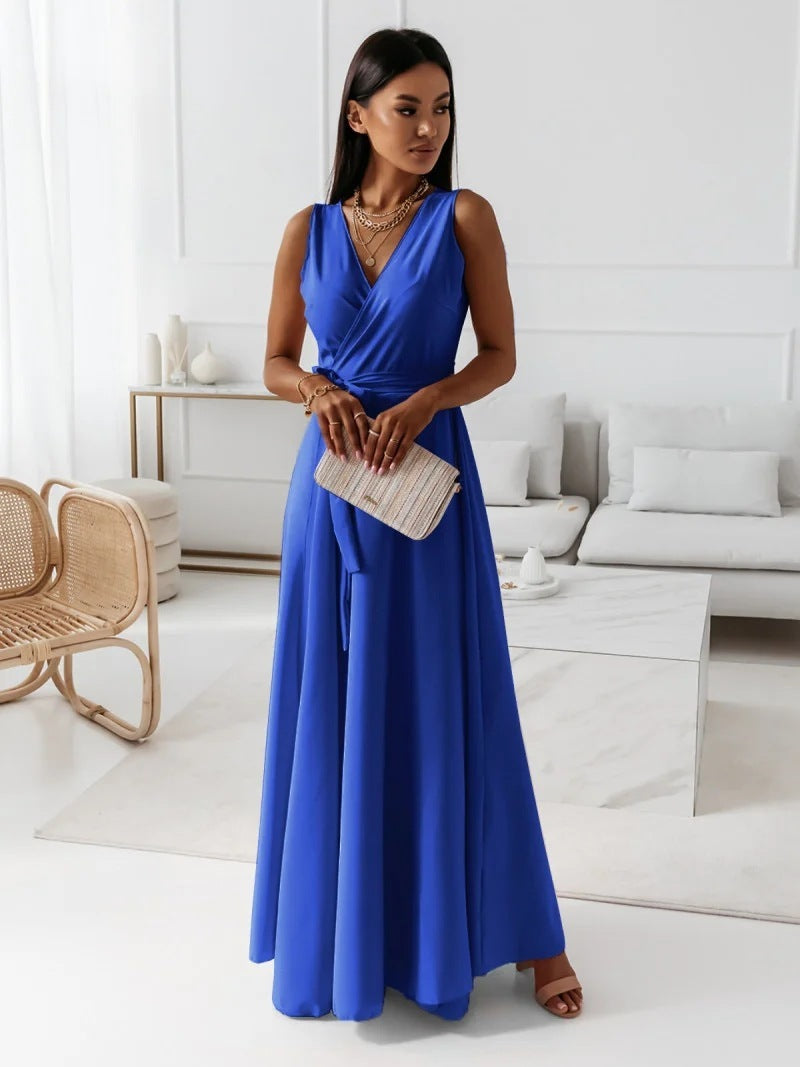 V-neck Sleeveless Dress With Belt Summer Fashion For Women