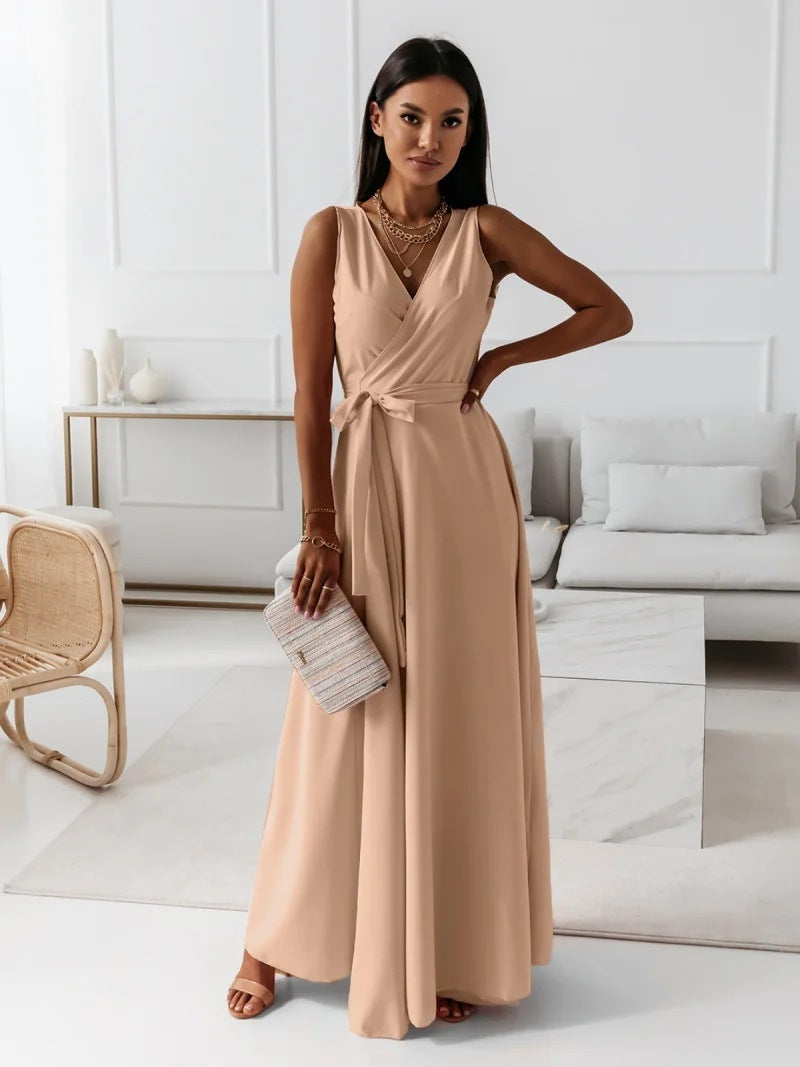V-neck Sleeveless Dress With Belt Summer Fashion For Women