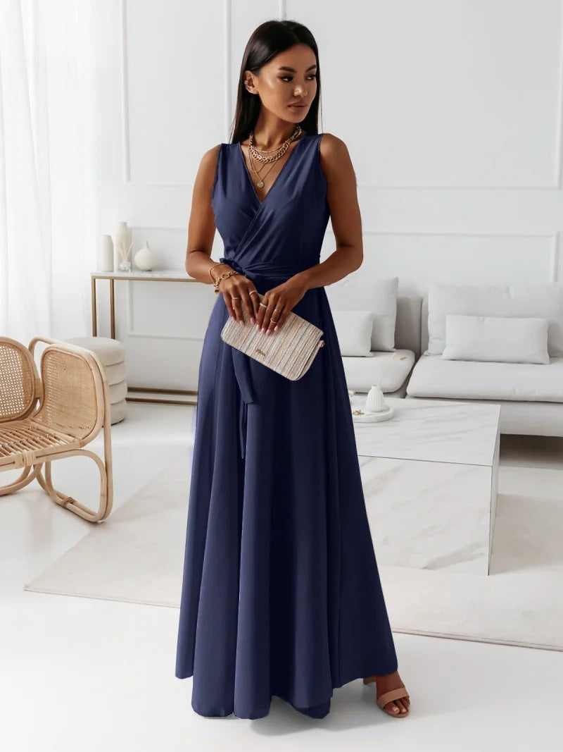 V-neck Sleeveless Dress With Belt Summer Fashion For Women
