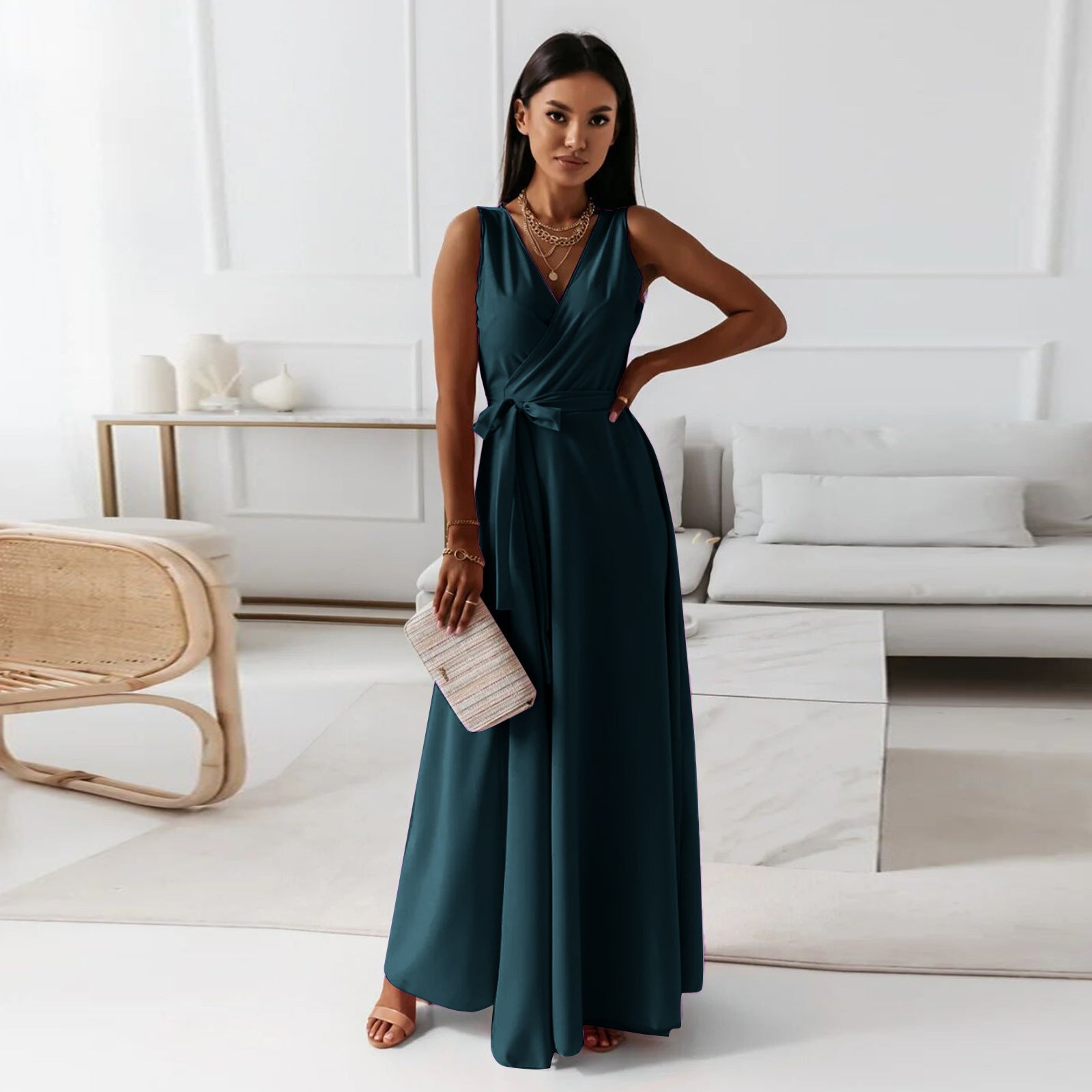 V-neck Sleeveless Dress With Belt Summer Fashion For Women